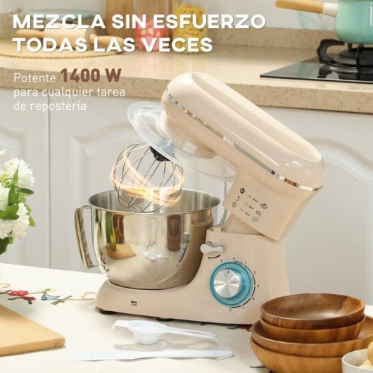 Homcom Batidora Amasadora 4,5l 1300w 6 Velocidades Beige
