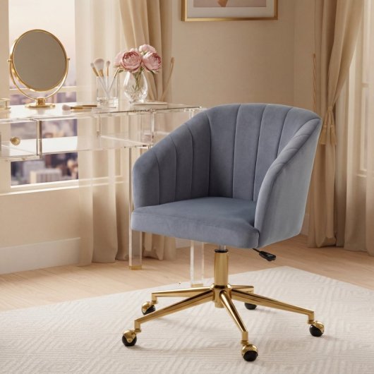 Homcom Silla De Oficina De Terciopelo Con Ruedas Altura Ajustable Gris