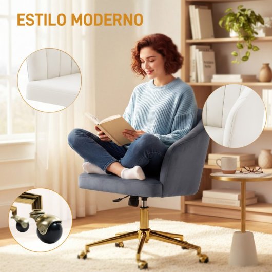 Homcom Silla De Oficina De Terciopelo Con Ruedas Altura Ajustable Gris