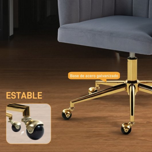 Homcom Silla De Oficina De Terciopelo Con Ruedas Altura Ajustable Gris