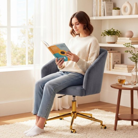 Homcom Silla De Oficina De Terciopelo Con Ruedas Altura Ajustable Gris