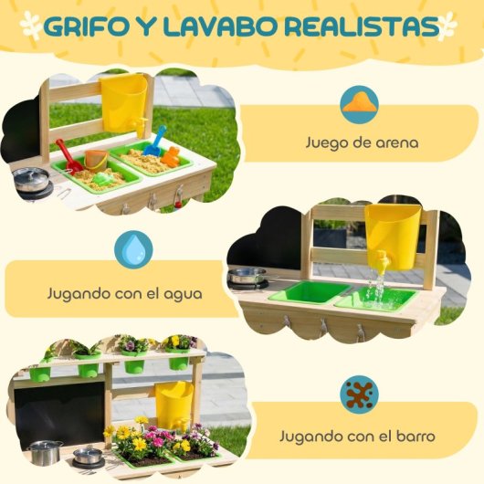 Aiyaplay Cocina De Juguete Exterior De Madera Con Macetas Fregaderos Grifo