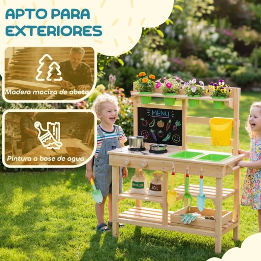 Aiyaplay Cocina De Juguete Exterior De Madera Con Macetas Fregaderos Grifo