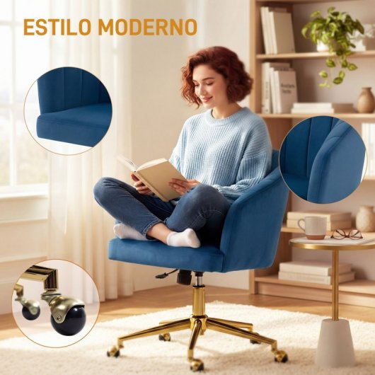 Homcom Silla De Oficina De Terciopelo Con Ruedas Altura Ajustable Azul