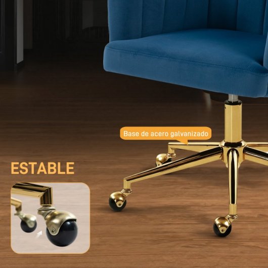 Homcom Silla De Oficina De Terciopelo Con Ruedas Altura Ajustable Azul