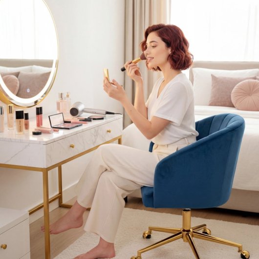 Homcom Silla De Oficina De Terciopelo Con Ruedas Altura Ajustable Azul