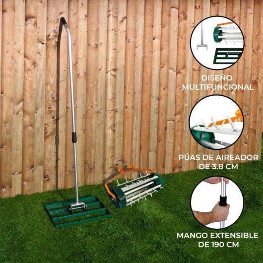 Escarificador MonsterShop Nivelador y Aireador Manual 2 en 1 Mango Extensible 190 cm