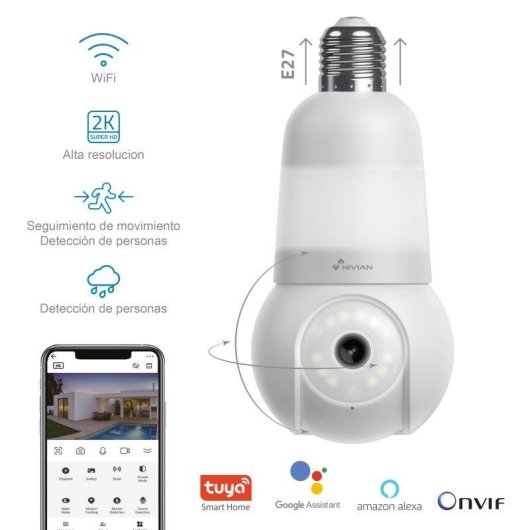 Cámara IP Nivian Bombilla 2K Visión Nocturna Interior y Exterior Control por Voz Audio Bidireccional