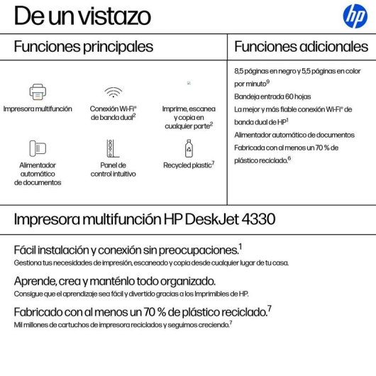 Impressora Jato de Tinta Wi-Fi HP DeskJet 4330 multifunções cor