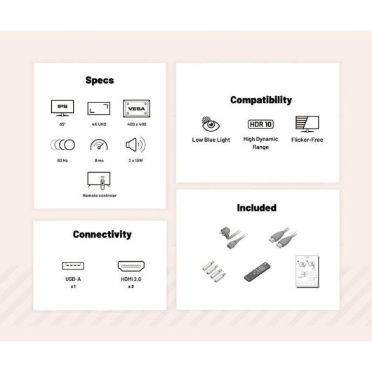 Monitor JAPANNEXT JN-IPS65U 65" UltraHD 4K 60Hz IPS HDR Altavoces Integrados FreeSync G-Sync 8ms