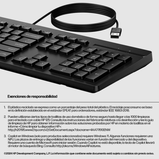 Teclado HP 125 completo de membrana USB com tecla Copilot