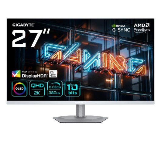 Monitor PC GIGABYTE MO27Q2A ICE 27" QHD 280Hz QD-OLED FreeSync G-SYNC HDR400 Regolabile