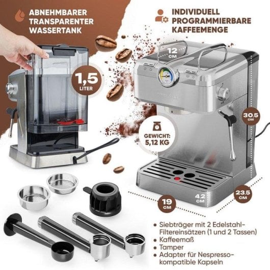 Macchina da caffè espresso ProfiCook PC-ES-KA 1267 1,5L 20 bar con vaporizzatore capsule