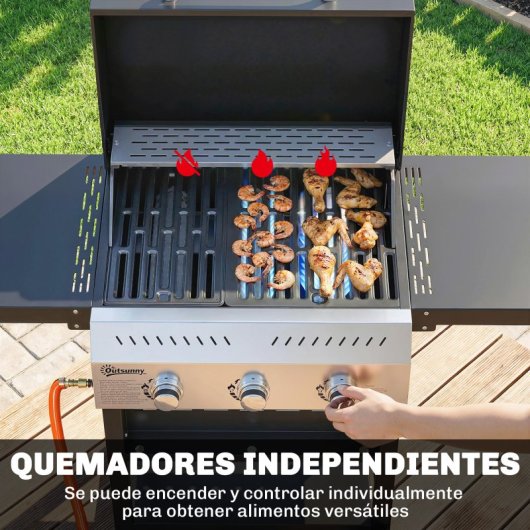 Outsunny Barbacoa De Gas Con 3 Quemadores 9 Kw Termómetro Mesas Laterales Negro