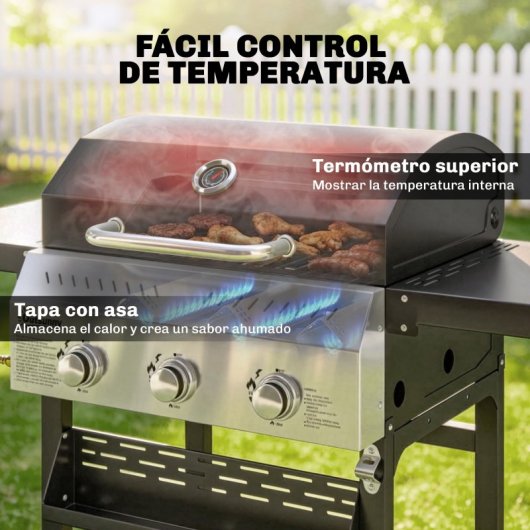 Outsunny Barbacoa De Gas Con 3 Quemadores 9 Kw Termómetro Mesas Laterales Negro