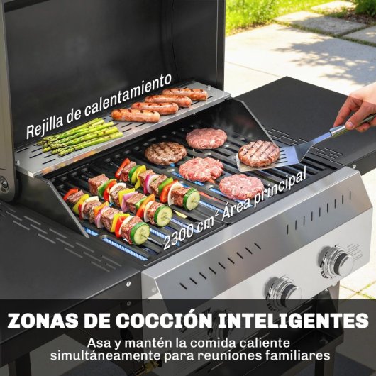 Outsunny Barbacoa De Gas Con 3 Quemadores 9 Kw Termómetro Mesas Laterales Negro