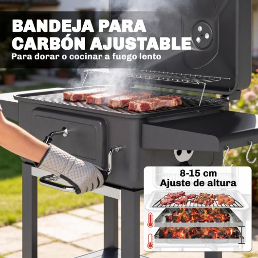 Outsunny Barbacoa De Carbón Con Tapa Bandeja Ajustable Estantes Puerta Ruedas
