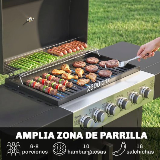 Outsunny Barbacoa De Gas Con 6 Quemadores 15 Kw Termómetro Mesas Laterales Negro