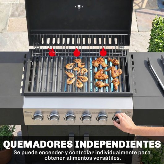 Outsunny Barbacoa De Gas Con 6 Quemadores 15 Kw Termómetro Mesas Laterales Negro