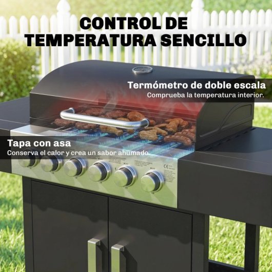 Outsunny Barbacoa De Gas Con 6 Quemadores 15 Kw Termómetro Mesas Laterales Negro