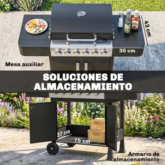 Outsunny Barbacoa De Gas Con 6 Quemadores 15 Kw Termómetro Mesas Laterales Negro