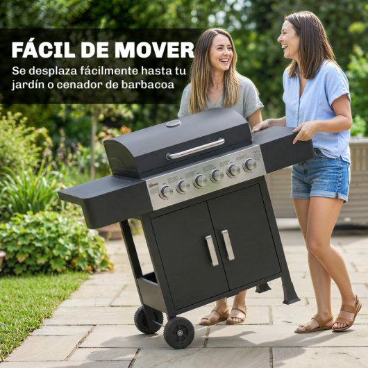Outsunny Barbacoa De Gas Con 6 Quemadores 15 Kw Termómetro Mesas Laterales Negro