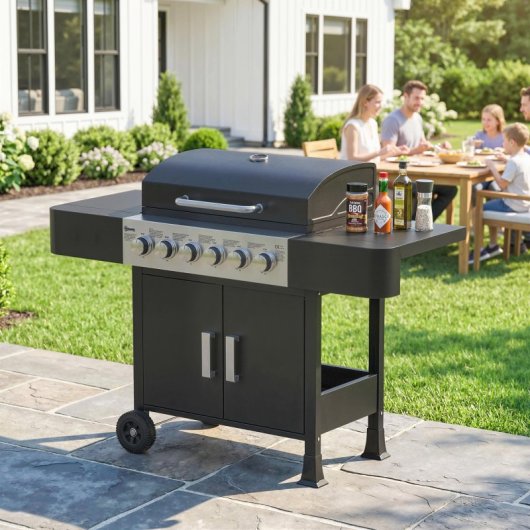 Outsunny Barbacoa De Gas Con 6 Quemadores 15 Kw Termómetro Mesas Laterales Negro