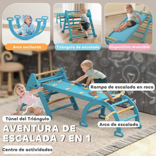 Aiyaplay 7 En 1 Triángulo De Escalada Montessori Con Arco Y Rampa 188x70 Cm Azul