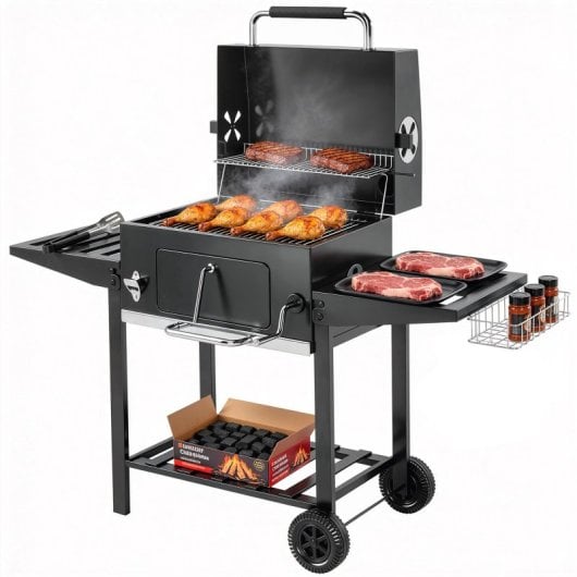 Outsunny Barbacoa De Carbón Con Tapa Bandeja Ajustable Estantes Plegables Ruedas