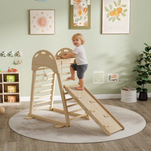 Aiyaplay 6 En 1 Triángulo De Escalada Montessori Con Plataforma Madera Natural