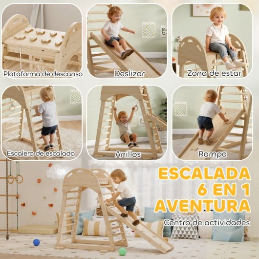 Aiyaplay 6 En 1 Triángulo De Escalada Montessori Con Plataforma Madera Natural