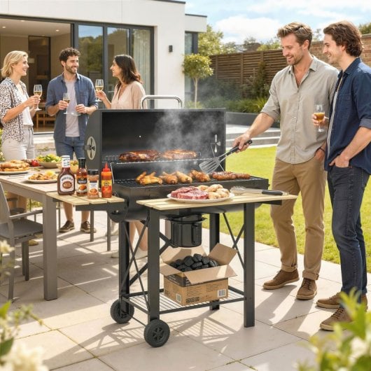 Outsunny Barbacoa De Carbón Portátil Móvil Con Estantes Plegables Tapa Negro