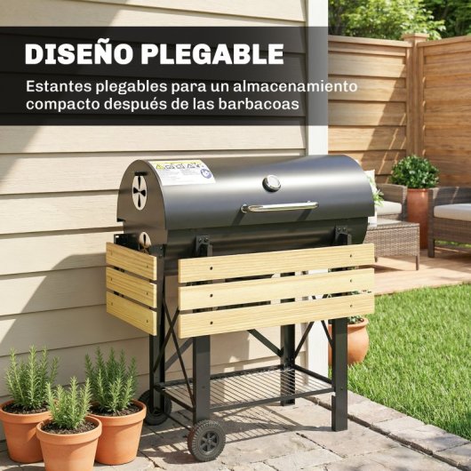 Outsunny Barbacoa De Carbón Portátil Móvil Con Estantes Plegables Tapa Negro