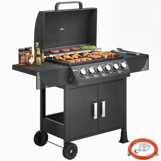 Outsunny Barbacoa De Gas Con 6 Quemadores 15 Kw Termómetro Y Mesas Laterales