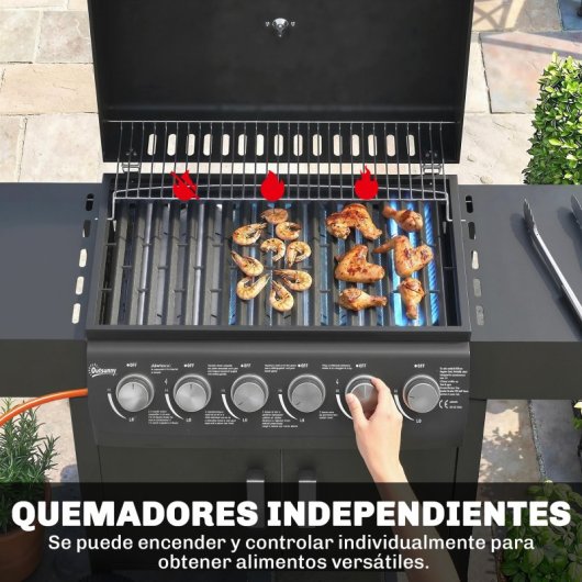 Outsunny Barbacoa De Gas Con 6 Quemadores 15 Kw Termómetro Y Mesas Laterales