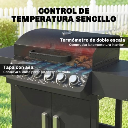 Outsunny Barbacoa De Gas Con 6 Quemadores 15 Kw Termómetro Y Mesas Laterales