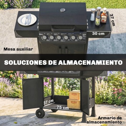 Outsunny Barbacoa De Gas Con 6 Quemadores 15 Kw Termómetro Y Mesas Laterales