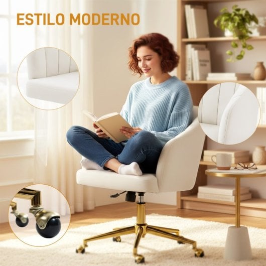 Homcom Silla De Oficina De Terciopelo Con Ruedas Altura Ajustable Crema