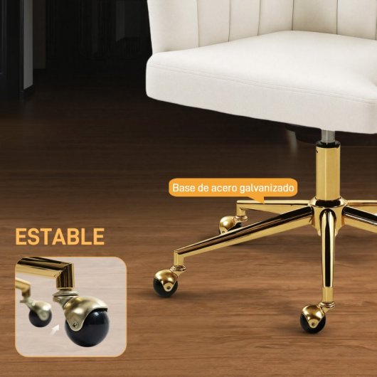 Homcom Silla De Oficina De Terciopelo Con Ruedas Altura Ajustable Crema