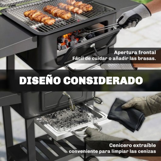 Outsunny Barbacoa De Carbón Con Gran Parrilla Bandeja Ajustable Estantes Ruedas