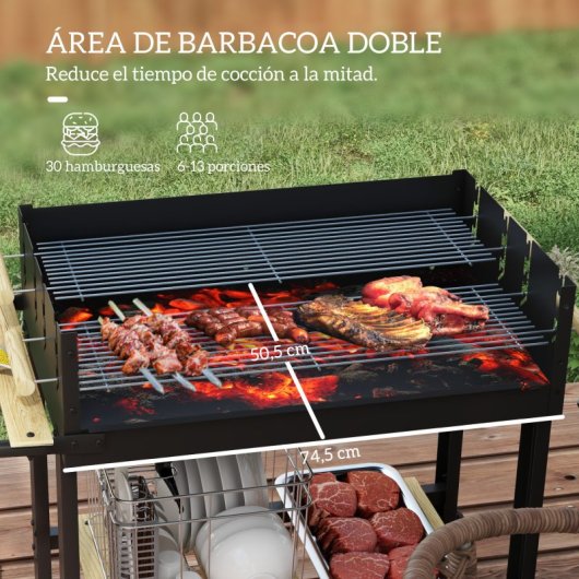 Outsunny Barbacoa De Carbón 113x53,5x82,5 Cm Con 2 Parrillas Alturas Ajustables