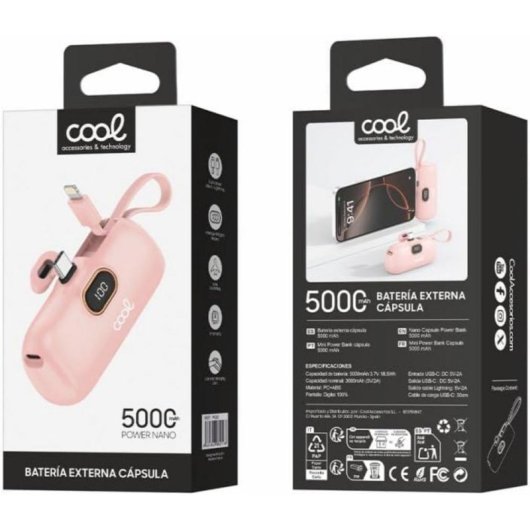 Batterie externe Cool Capsule Rose 5000 mAh LED écran digital