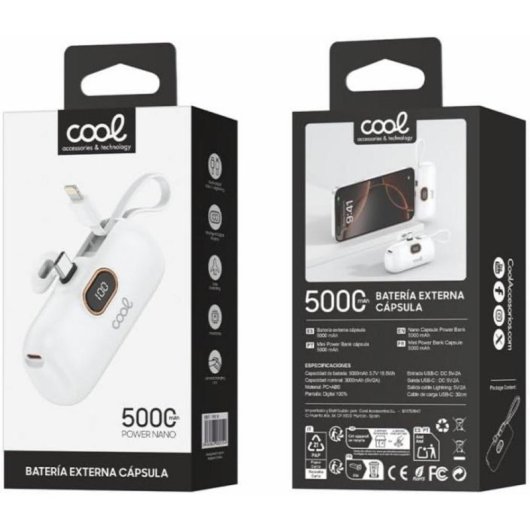 Batterie Externe Cool Capsule 5000 mAh Blanc LED Écran Intégré