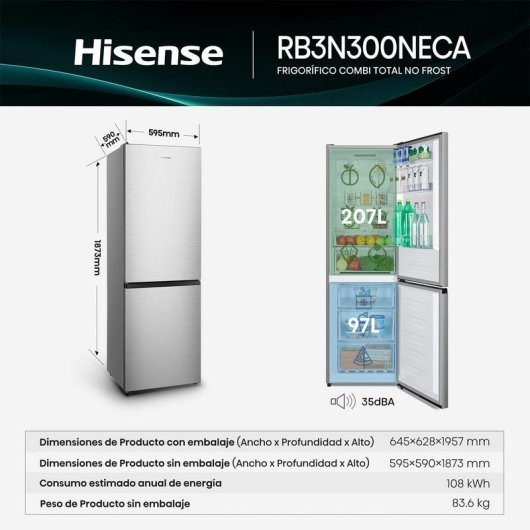 Frigorífico Combi Hisense RB3N300NECA Total No Frost 186 cm 304 L A Inox