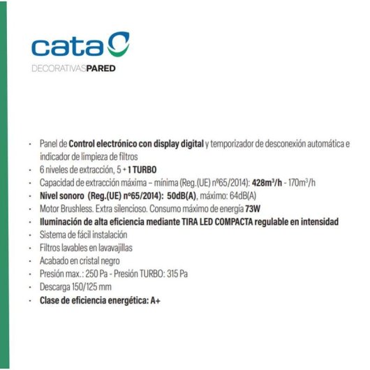 Campana extractora CATA JUNO 9000 GBK Escape 90 cm con control táctil y LED