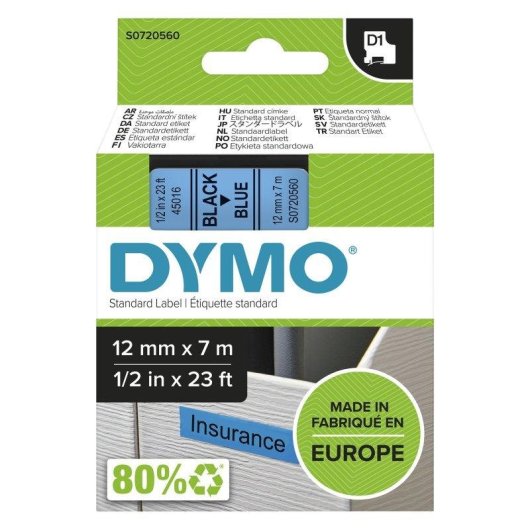Nastro etichettatrice Dymo D1 12mm x 7m Nero su Blu Poliestere