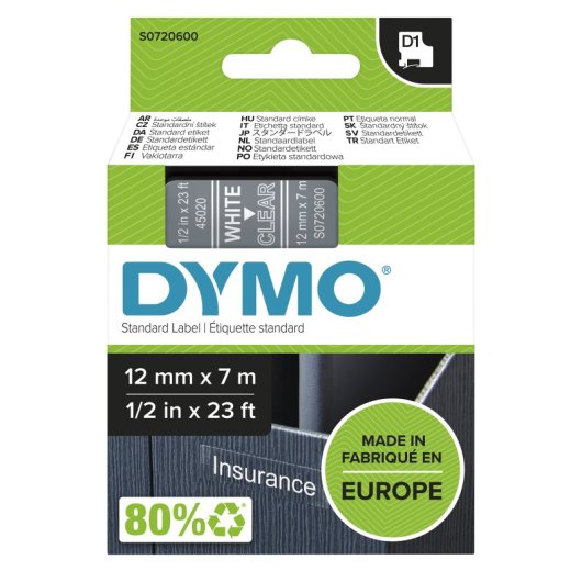 DYMO D1 Standard - White on Transparent - 12mm ruban d'étiquette Blanc sur transparent