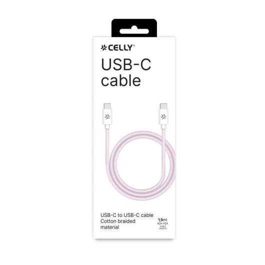 Cable USB-C a USB-C CELLY 1,5 m tejido trenzado rosa y blanco