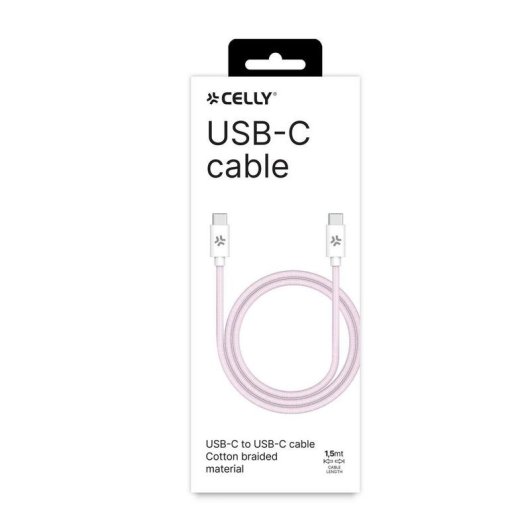 Cable USB-C a USB-C CELLY 1,5 m tejido trenzado rosa y blanco