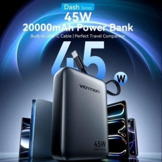 Powerbank Vention FHG 20000mAh 45W Cinza com Cabo USB-C